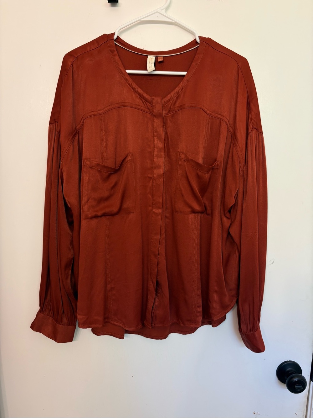 Pilcro Anthropologie Women's LG Viscose Peasant Top Rust Satin Button Up Blouse